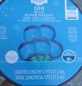 New Holiday Time 57 ft, 100 Count Blue LED Super Bright G30 Christmas Lights - Picture 1 of 7