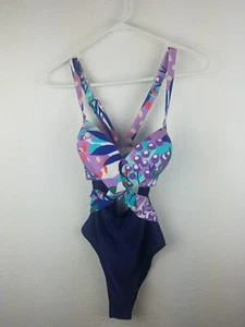 CUPSHE Womens One Piece Swimsuit SZL Purple Floral Cutout Padded Adjustable A14 - Picture 1 of 5
