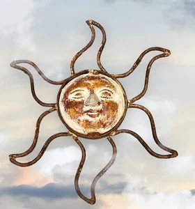 Vintage Aged Weathered Metal Celestial Sun Moon Stone Face Wall Art Decor Deck - Picture 1 of 11