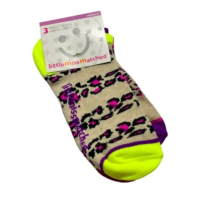 NEW LITTLEMISSMATCHED KIDS 3 SINGLE SOCKS TAN CHEETAH PRINT NEON PINK BLACK GIRL - Image 1 of 3