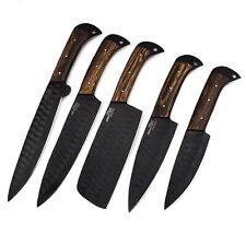 5Piece Damascus Kitchen Knives Set Wood Handle & Leather Sheath Chef Knife