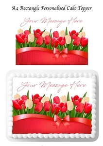 PERSONALISED Message Cake Topper Edible Icing Red TULIP & Bow A4 Rectangle - Picture 1 of 10