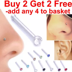 Nose Studs Surgical Steel Silver Straight Crystal Nose Stud Tragus Bar Stud Pin - Picture 1 of 12