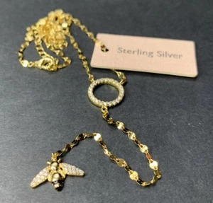 Sterling Silver Sautoir Necklace Bumble Bee Charm Cubic Zirconia Gold Plate 18” - Picture 1 of 24