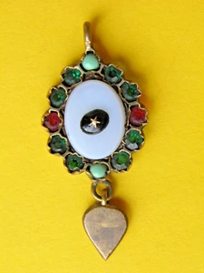 Alter ovaler Trachten- Anhänger Bauernschmuck mit Herz- Anhänger Farbsteine - Bild 1 von 6