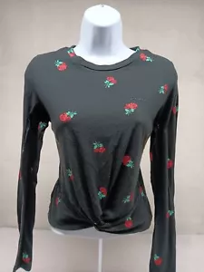 PINK by Victoria's Secret Small Black With Roses Long Sleeve Twisted Waist Tee - Picture 1 of 12