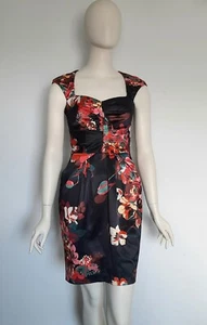 Cue Size 6 Black & Red Floral Satin Cap Sleeve Pencil Dress Evening Cocktail - Bild 1 von 10