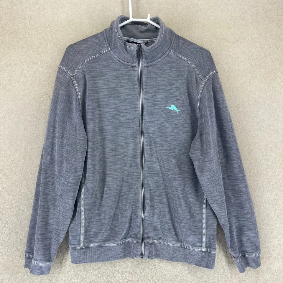 Tommy Bahama Montego Beach 全拉链运动衫男式 L 灰色刺绣标志 — 第 1/4 张图片