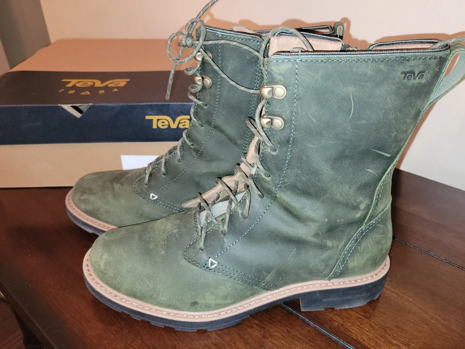 Botas femininas Teva Rowena de couro verde com cadarço tamanho 9 - Imagem 1 de 4