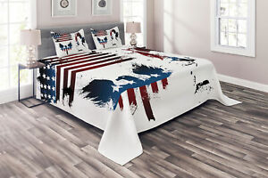 American Flag Quilted Coverlet & Pillow Shams Set, Eagle and Stripe Print