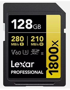 Lexar 128GB GOLD SDXC Memory Card Class 10 V60 UHS-II U3 Memory Card 280MB/S 4K - Picture 1 of 2