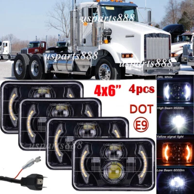 4pcs Fit Kenworth T800 1987-2023 W900 1981-2023 4x6'' LED Headlights HI-LO w/DRL - Image 1 of 4