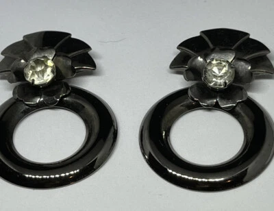 Pewter Color Metal Rhinestone Hanging Hoop Pierced Earrings Post Back Vintage - Image 1 of 4