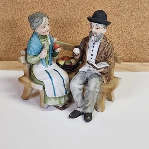 Vintage Lefton China Figurine Hand Painted Elderly Couple On Bench - Picture 1 of 16