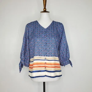 Chico's V-Neck Fabric Covered Buttons Button Up Tie Sleeve Top Blouse Size 4/6P - Picture 1 of 13