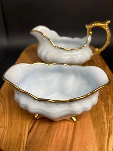 Aynsley Blue Crocus Vintage Bone China Creamer & Sugar Bowl Set w/ Gold Accents, - Picture 1 of 7