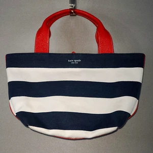 Kate Spade New York Handbag Navy and White Striped Fabric W/ Red Handles Large - Picture 1 of 9
