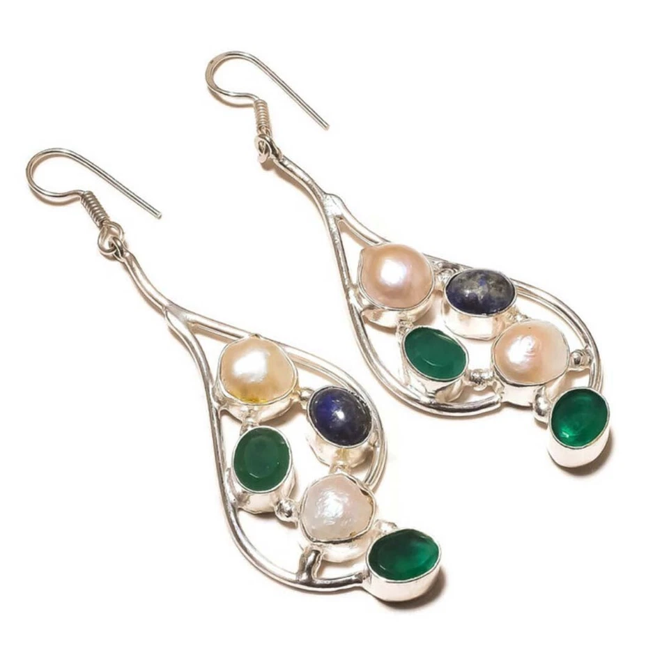 Green Onyx, Lapis Lazuli, White Biwa Pearl Gemstone Handmade Drop Dangle Earring - Image 1 of 3