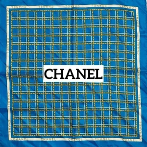 CHANEL Mini scarf silk Check chain size 17.3inx17.3in blue used in Japan - Picture 1 of 11
