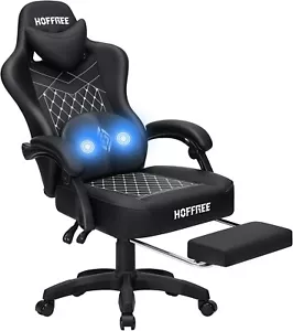 Ergonomischer Gaming Stuhl mit Massage-Lendenwirbelsäule, hoher Rückenlehne, Fußstütze, drehbar - Schwarz - Bild 1 von 9