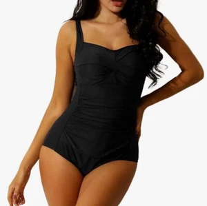 NWT Women’s Black Ruched One Piece Tummy Control Swimsuit / small - Picture 1 of 13