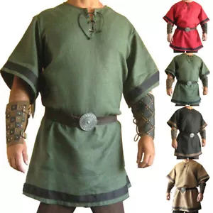 Retro Men Clothing Tunic Medieval Renaissance Cosplay Costume Pirate Viking Tops - Picture 1 of 8