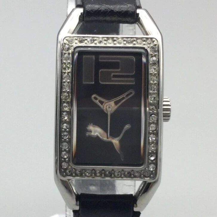 Puma Watch Women 21mm Silver Tone Black Rectangle Dial Bling New Battery - Image 1 of 4