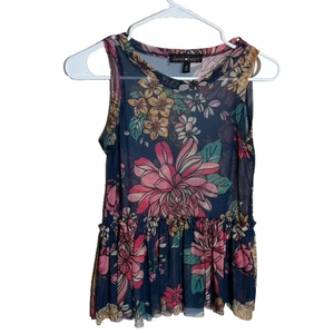 Derek Heart Tank Top Women's Small Floral Mesh Sheer Sleeveless Shirt Print - Picture 1 of 8