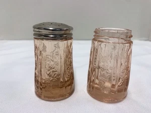 FEDERAL GLASS Pink Depression Salt & Pepper Shakers Sharon Cabbage Rose ONE LID - Picture 1 of 4