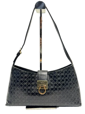 Salvatore Ferragamo Shoulder Bag Womens Black Leather Hobo Gancini Embossed - Image 1 of 4