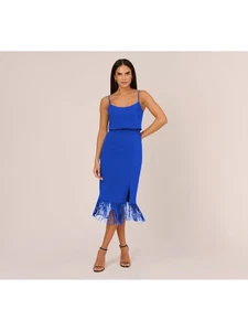 AIDAN Womens Blue Fold-over Fringed-hem Lined Spaghetti Strap Midi Dress 4 - Picture 1 of 3