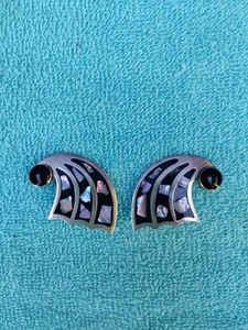 Vintage Mexico Geometric Inlay Abalone Shell Sterling Silver Clip on earring - Picture 1 of 10
