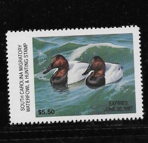 US South Carolina Duck Stamp #6a, $5.50 Canvasbacks 1986 serial # on back nh vf