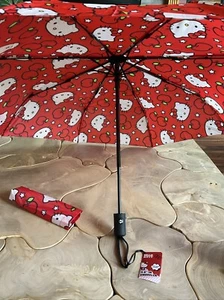 2023 Sanrio Hello Kitty 11.5" Folding Umbrella Red Apples Stars Auto Open Close - Picture 1 of 4