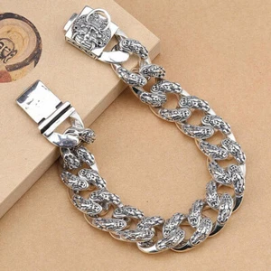 Real 925 Sterling Silver 14mm Pixiu Curb Link Chain Men's Bracelet 7.09"-9.06" L - Picture 1 of 6