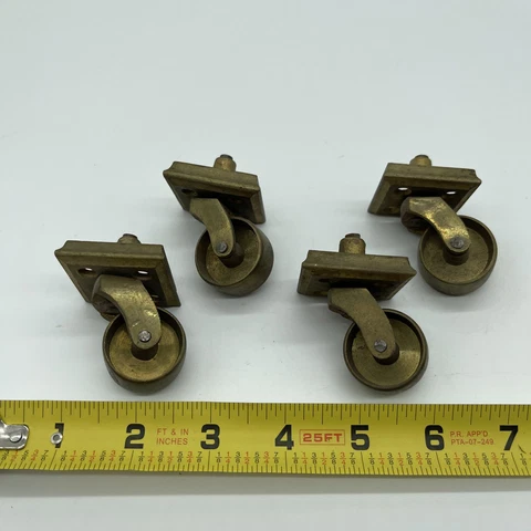 Vintage Solid Brass Furniture Casters Set of 4 Lot Of 4 Brass Base 1” Wheel Cover
