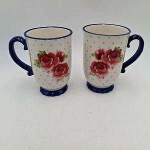 2 - The Pioneer Woman Heritage Floral Footed Mug Blue White Red Rose 18 Oz PAIR - Picture 1 of 23