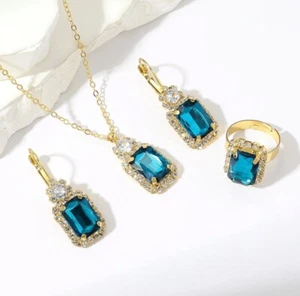 Blue Water Jewelry Set Pendant Necklace & Drop Hook Earrings & Ring - Picture 1 of 4