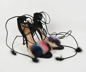 Schutz schwarz Leder Streifen Feder Riemchen Schnürung High Heels Gr. 7.5B - Bild 1 von 5