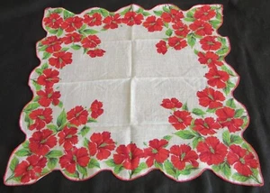 Vintage Hankie Red Floral White Center Scalloped Sweet! - Picture 1 of 2