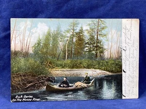 1906 Postcard "On the Moose River" Maine ~ 2 Men w/ Deer in Canoe, Hunting Trip - Picture 1 of 4