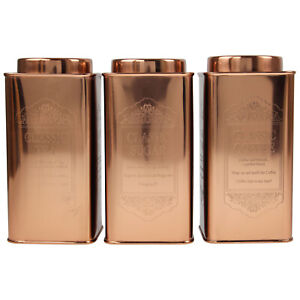 Set Of 3 Large Tea Coffee Sugar Canisters Kitchen Storage Tin Jars Pots Copper