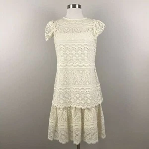 Vtg Cream 2 Piece Dress Set Lace Overlay Drop Waist Peplum Skirt Cap Sleeve - Picture 1 of 9