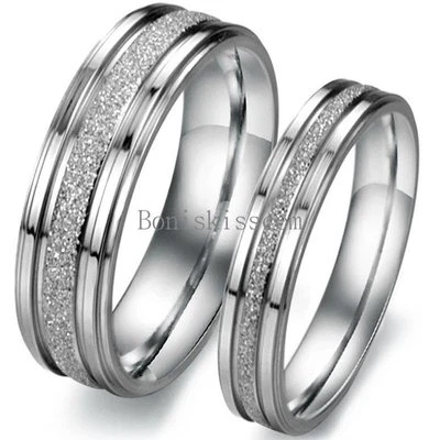 Silver Frosted Stainless Steel Love Promise Ring Couple Engagement Wedding Band - Image 1 of 4