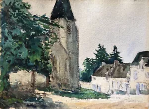 Anonyme — place d'une église de village — aquarelle sur papier fort rigide 28x38 - Bild 1 von 3