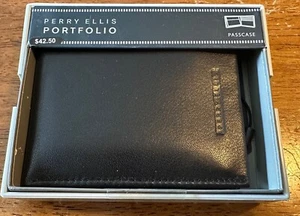 Estuche billetera Perry Ellis para hombre cuero negro pase - nuevo en caja - Imagen 1 de 4