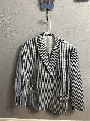 Club Room Men 46R Navy Blue & White Gingham Cotton Blazer Sport Coat Jacket - Image 1 of 4