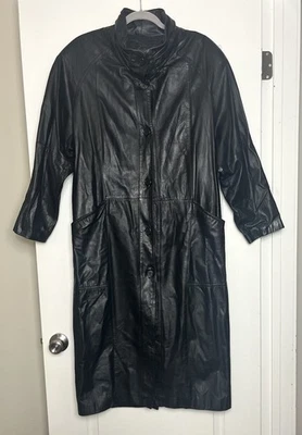 Винтажный Pelle Studios женщин кожаный плащ средний черный кнопка куртка карманы - Изображение 1 из 4