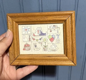 Vintage Tiny Miniature Wood Framed Print Primitive Folk Art Patchwork Grannycore - Picture 1 of 5
