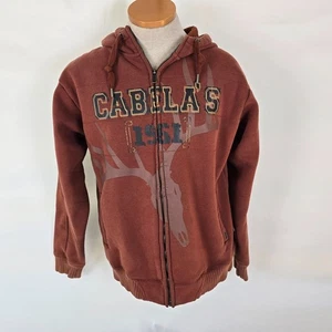 Cabela's Hoodie Jacket Men's M Brown Rustic Fleece Lined Full Zip Up Graphic - Picture 1 of 20